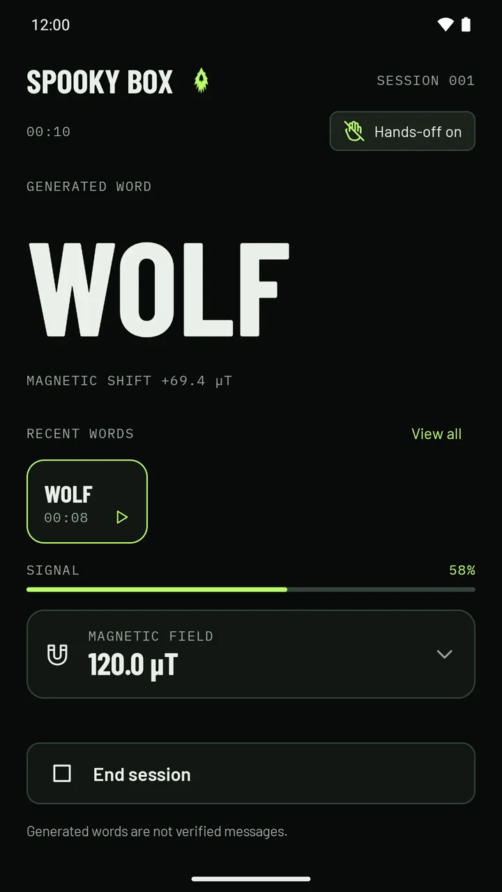 Spooky Box during a session. The word WOLF fills the screen, with the reason below it: magnetic shift, plus 69.4 microtesla.